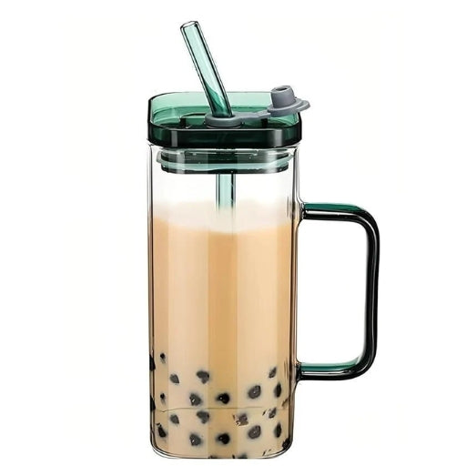 Square Glass with Lid and Straw
